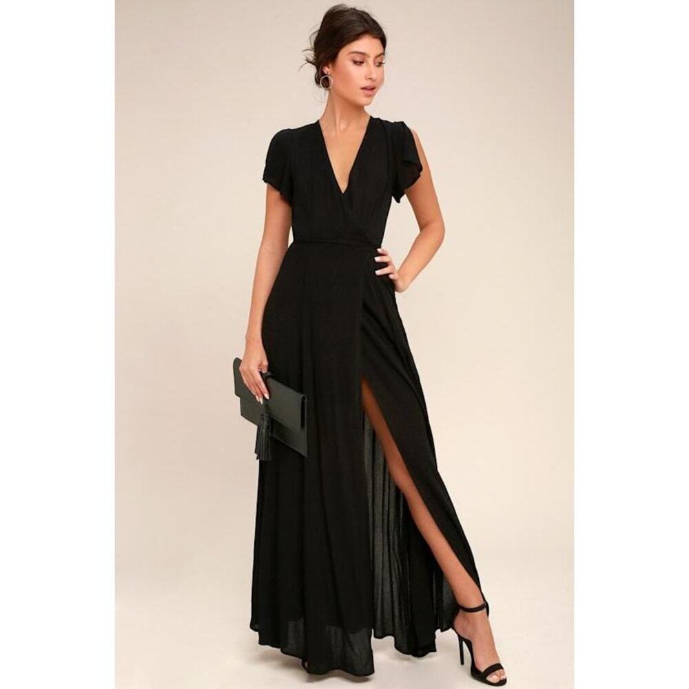 Lulu's Black Maxi Wrap Dress with Side Slit